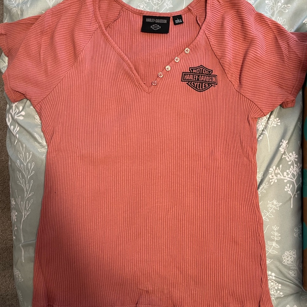 Harley-Davidson Coral Ribbed V-Neck Tee with Chest Logo